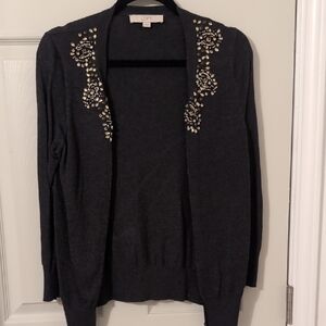 LOFT Women's Dark Gray Cardigan with Gold Embellishments